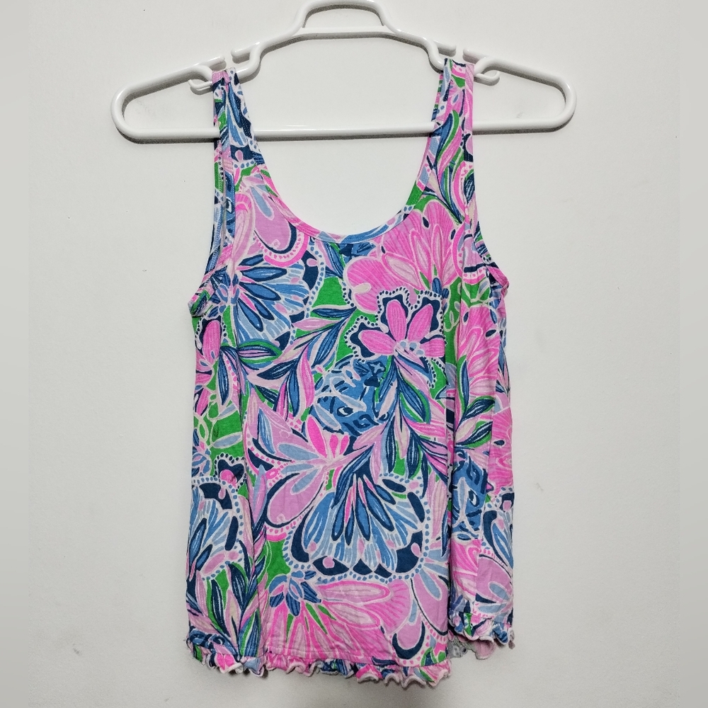 Lilly Pulitzer PJ Ruffle Knit Tank Top Women's S Gecko Green Tiger Sunrise